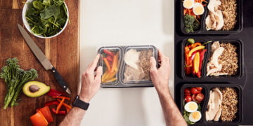 Overhead Shot Of Man Preparing Batch Of Healthy Meals At Home In Kitchen