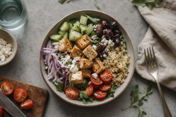 Mic dejun de post pentru diabetici: bol mediteraneean cu tofu, quinoa și legume